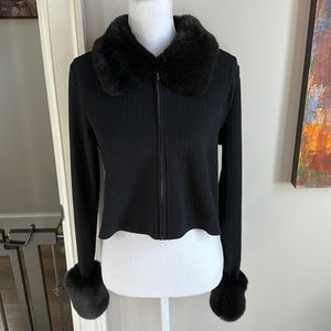 Black Faux fur zip shirt. Size large. Perfect for the holidays!